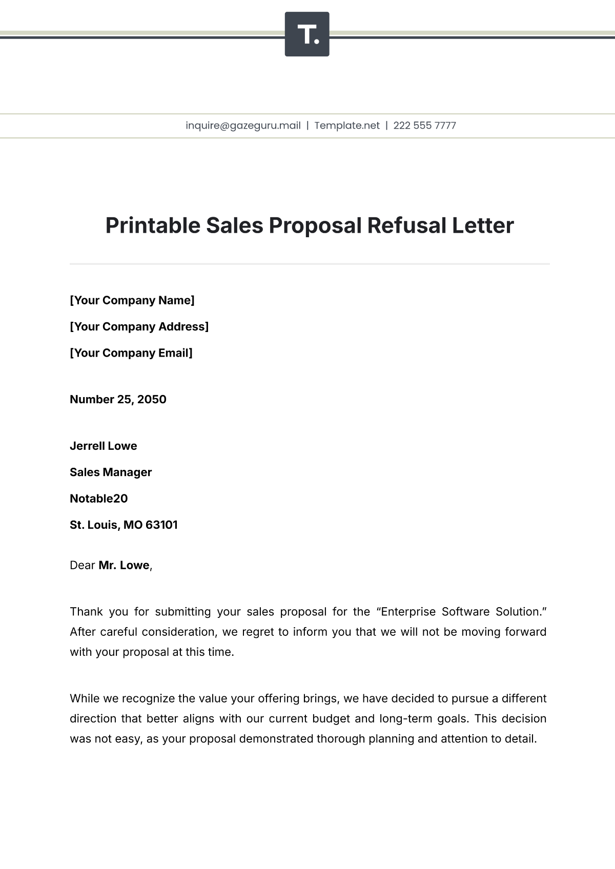 Printable Sales Proposal Refusal Letter Template - Edit Online & Download