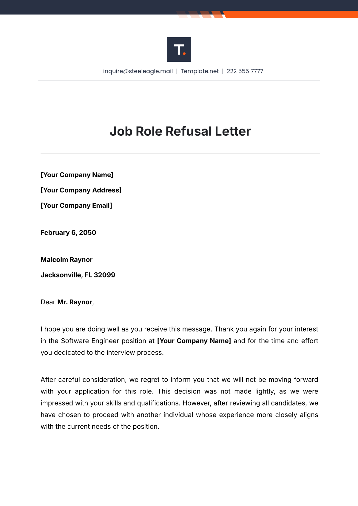 Job Role Refusal Letter Template - Edit Online & Download