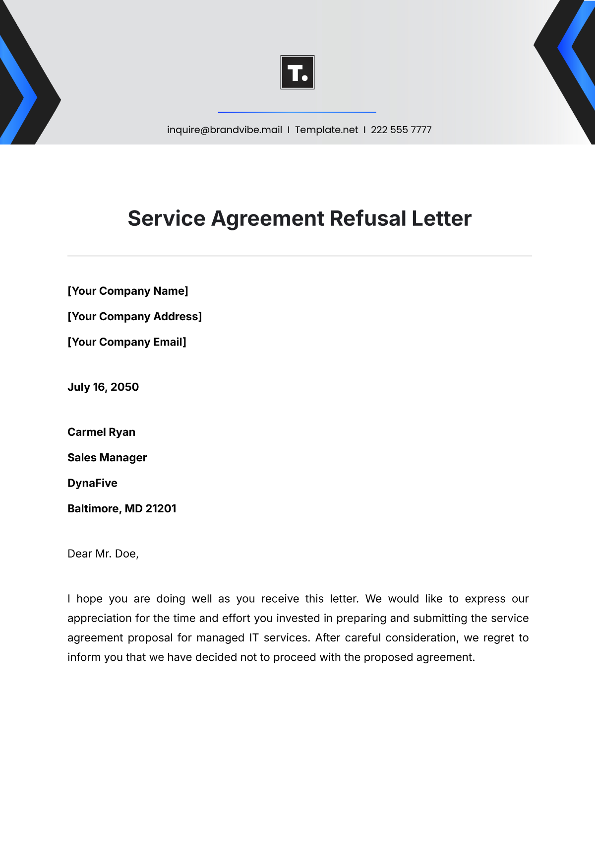 Service Agreement Refusal Letter Template - Edit Online & Download