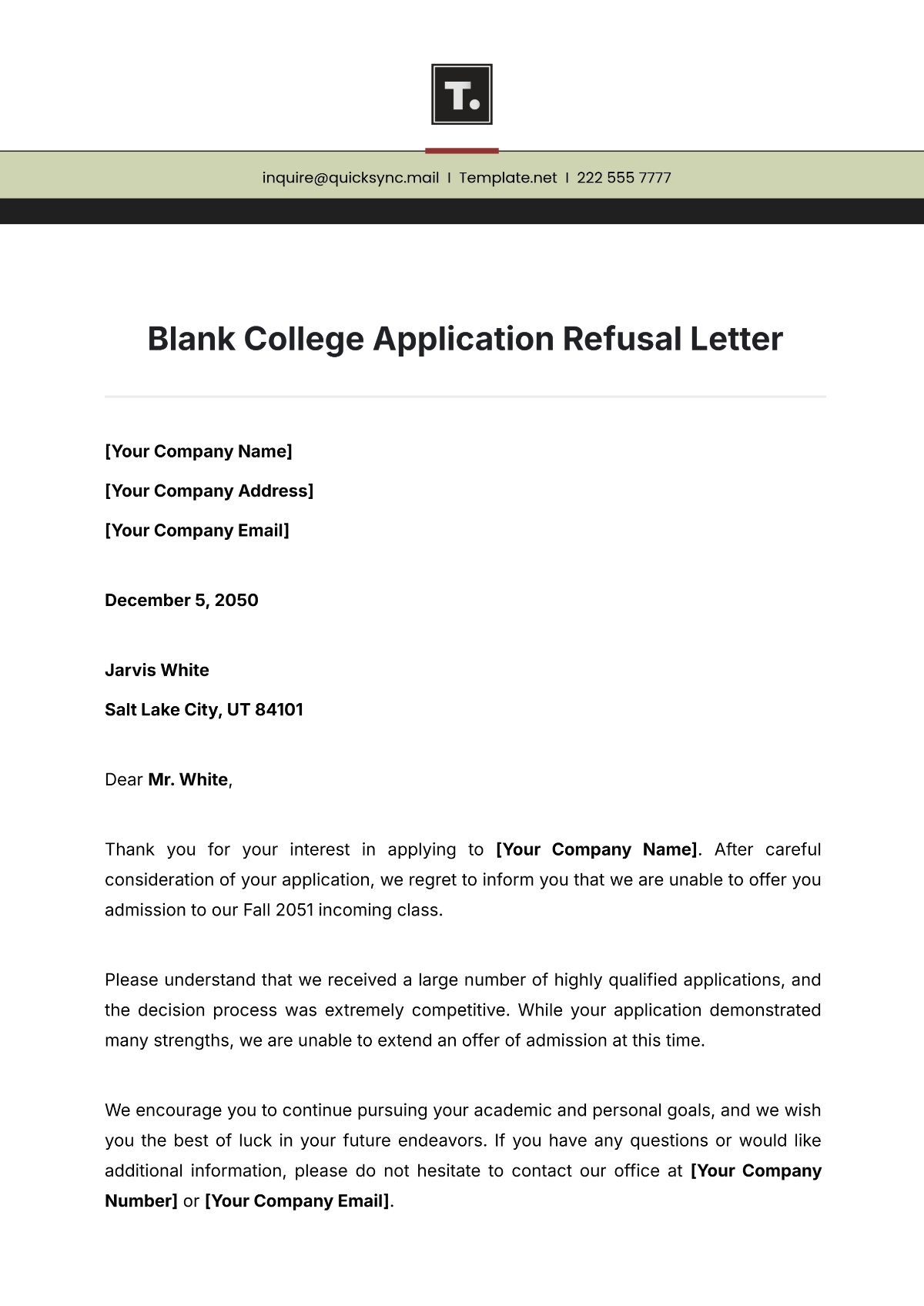 Blank College Application Refusal Letter Template - Edit Online & Download