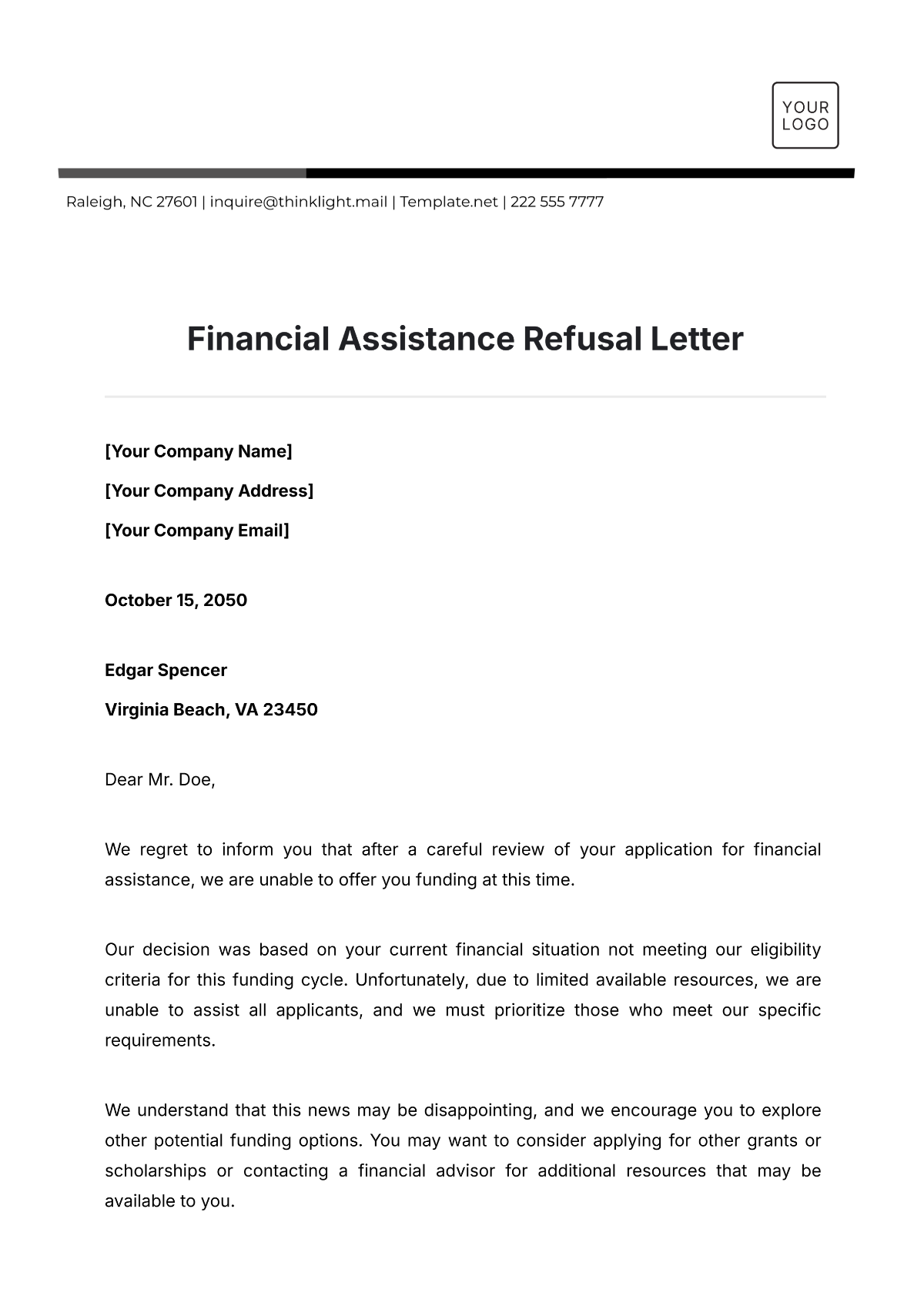 Financial Assistance Refusal Letter Template - Edit Online & Download