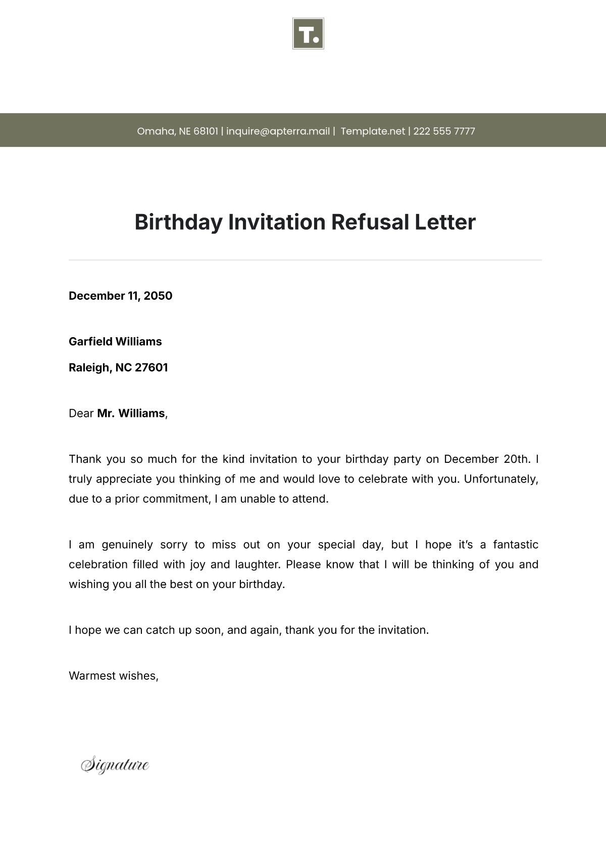 Birthday Invitation Refusal Letter Template - Edit Online & Download