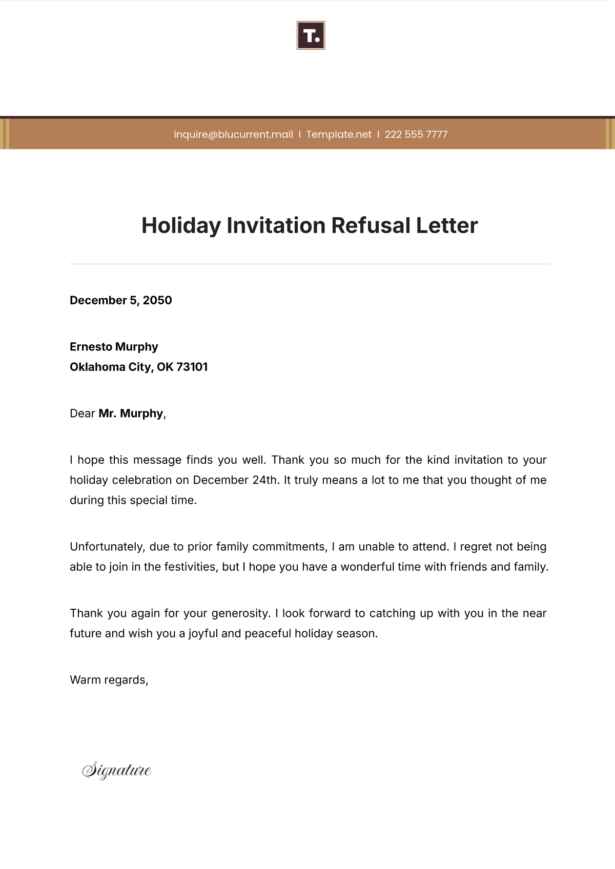 Holiday Invitation Refusal Letter Template - Edit Online & Download