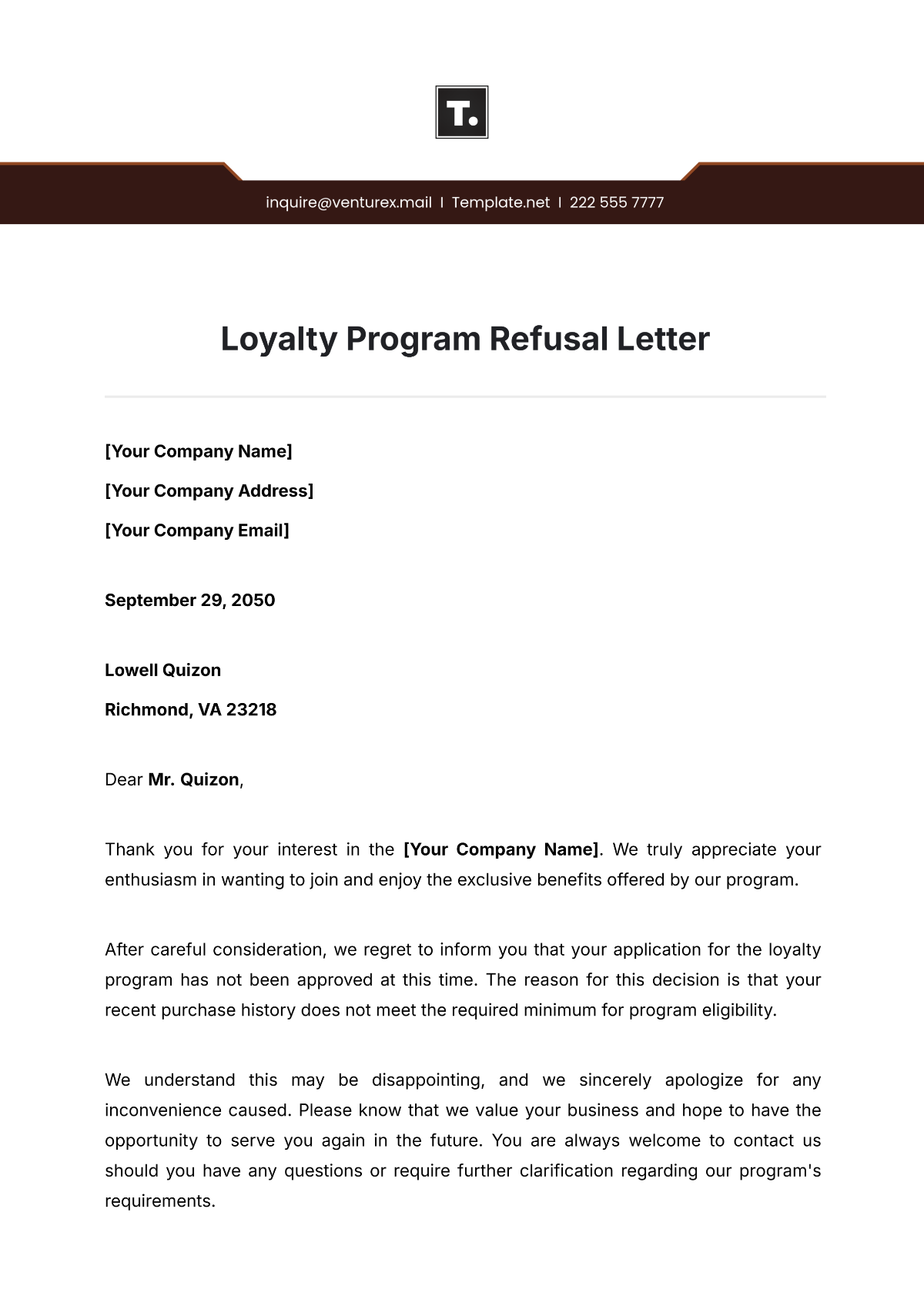 Loyalty Program Refusal Letter Template - Edit Online & Download