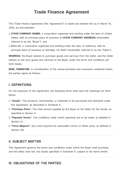 Free Trade Finance Agreement Template to Edit Online