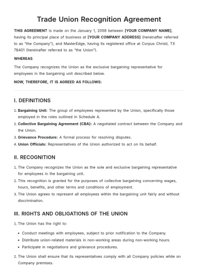 Free Trade Union Recognition Agreement Template to Edit Online
