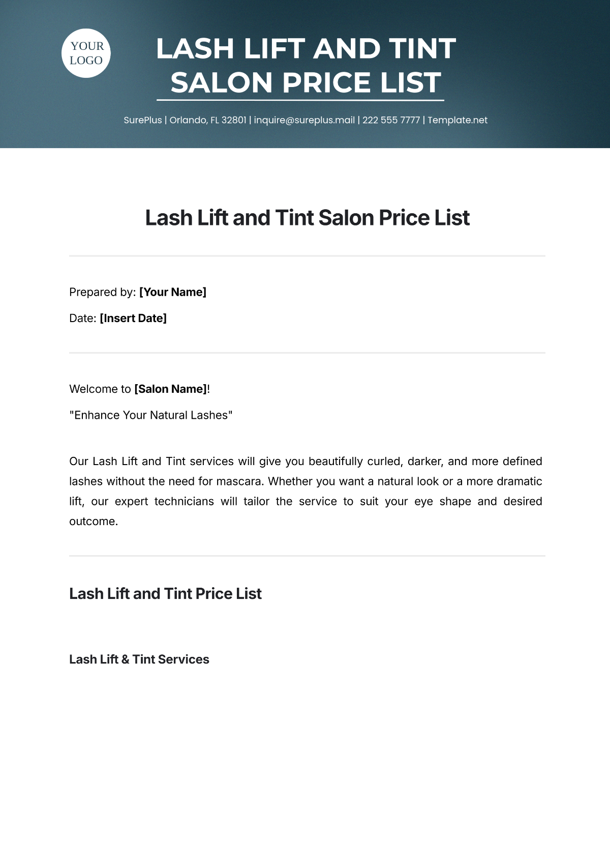 Lash Lift and Tint Salon Price List Template - Edit Online & Download