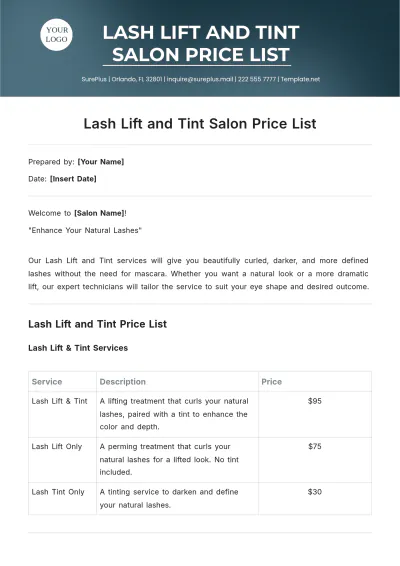 Free Lash Lift and Tint Salon Price List Template to Edit Online
