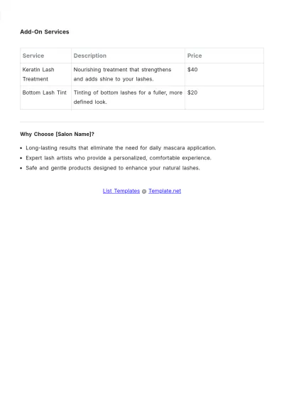 Free Lash Lift and Tint Salon Price List Template to Edit Online