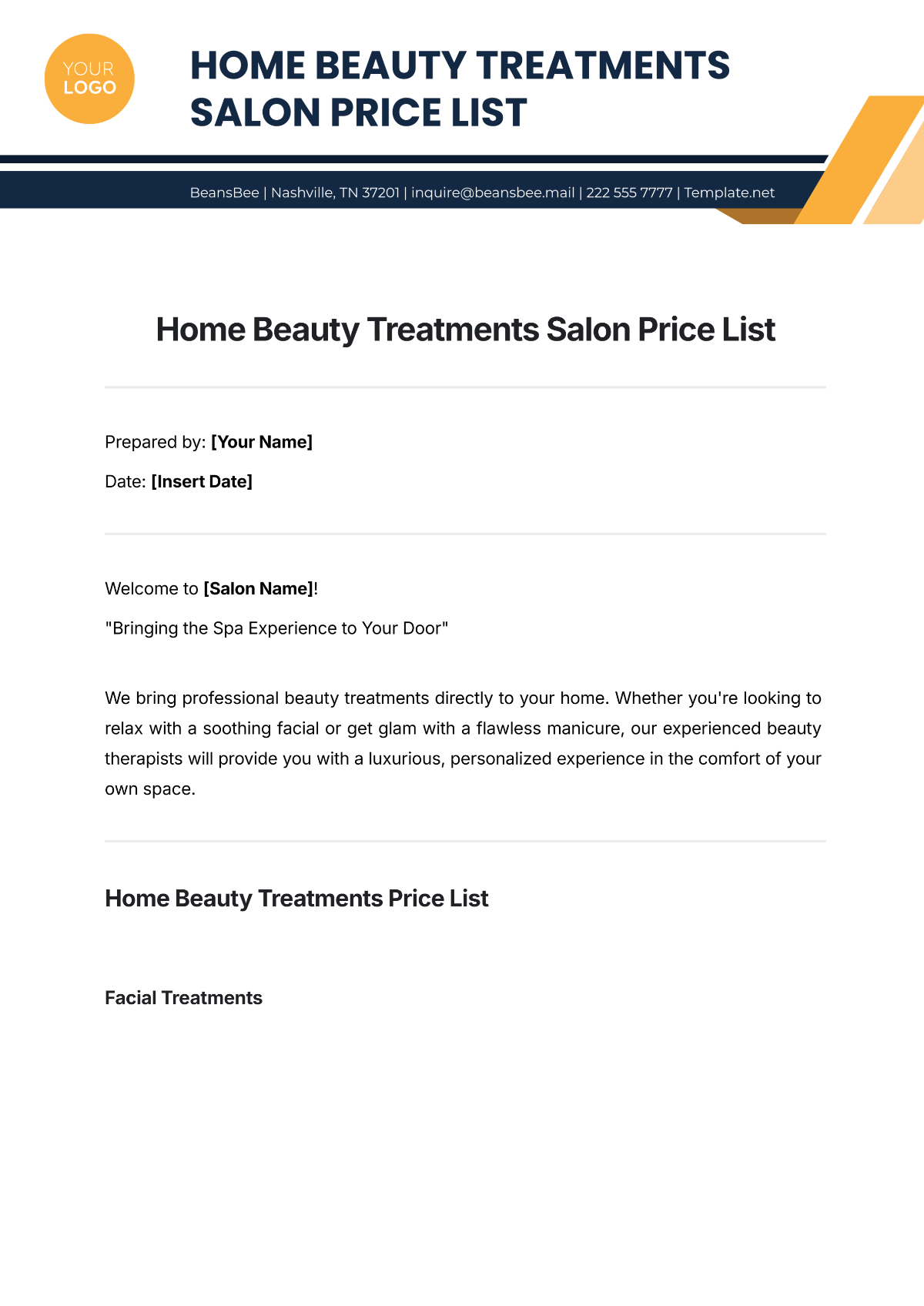 Home Beauty Treatments Salon Price List Template - Edit Online & Download