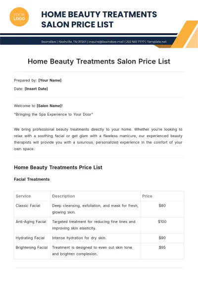 Free Home Beauty Treatments Salon Price List Template to Edit Online