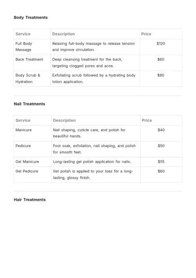 Free Home Beauty Treatments Salon Price List Template to Edit Online
