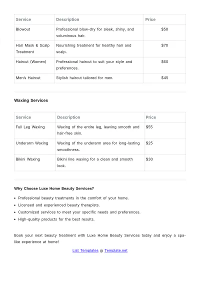 Free Home Beauty Treatments Salon Price List Template to Edit Online