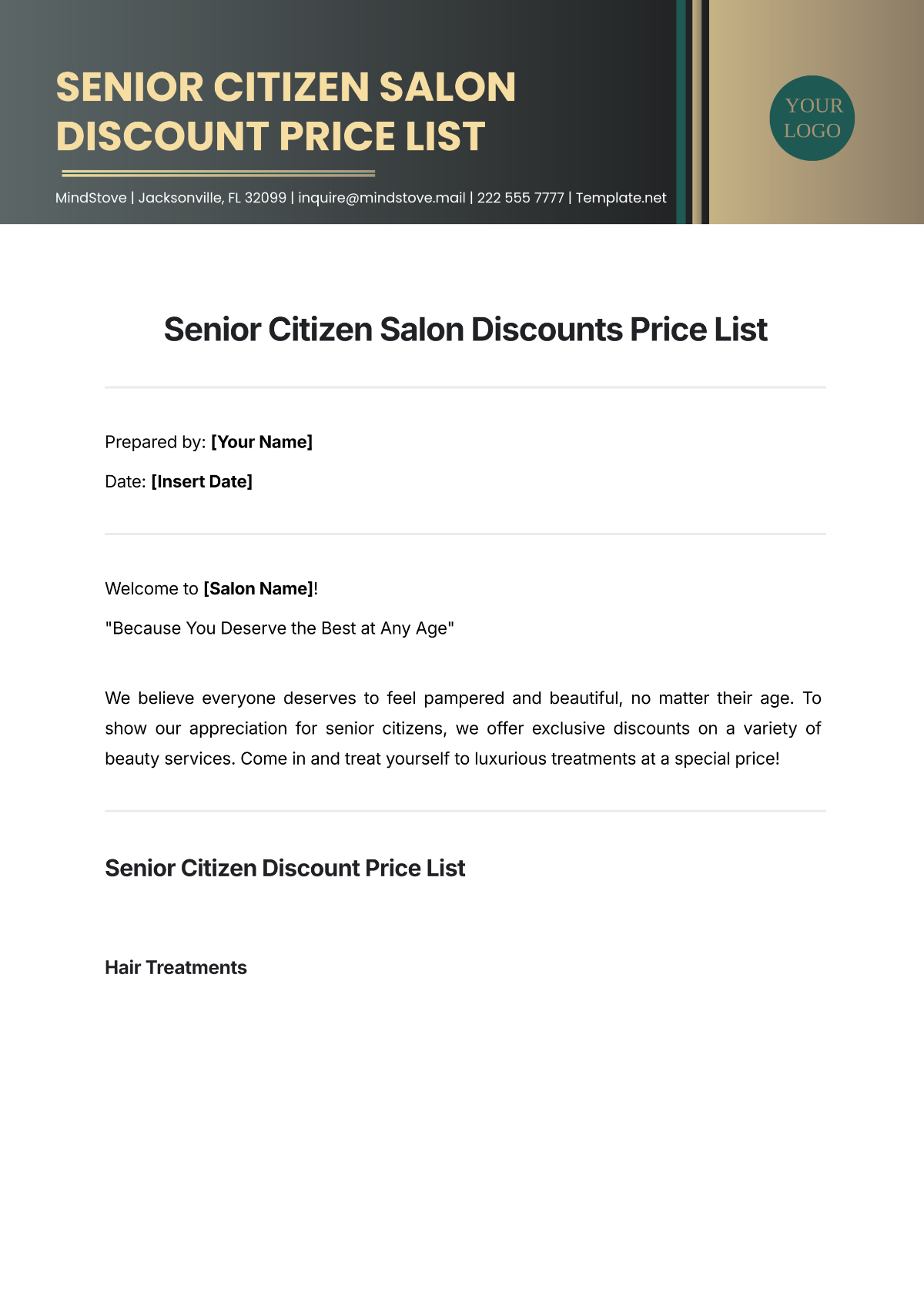 Senior Citizen Salon Discounts Price List Template - Edit Online & Download