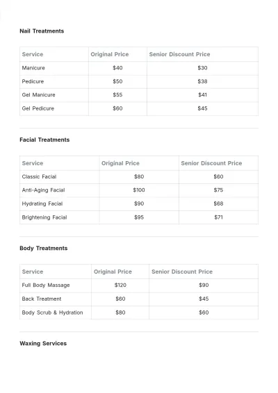 Free Senior Citizen Salon Discounts Price List Template to Edit Online