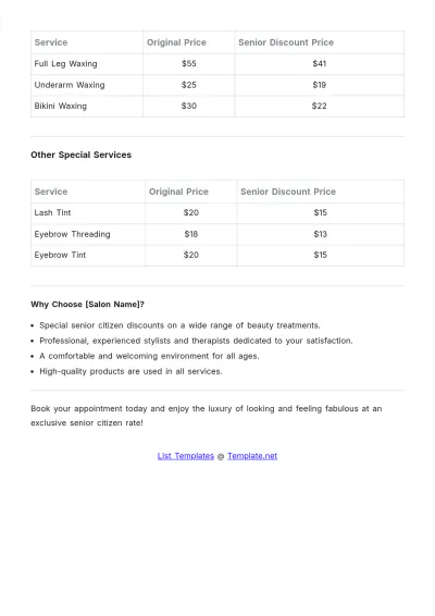 Free Senior Citizen Salon Discounts Price List Template to Edit Online