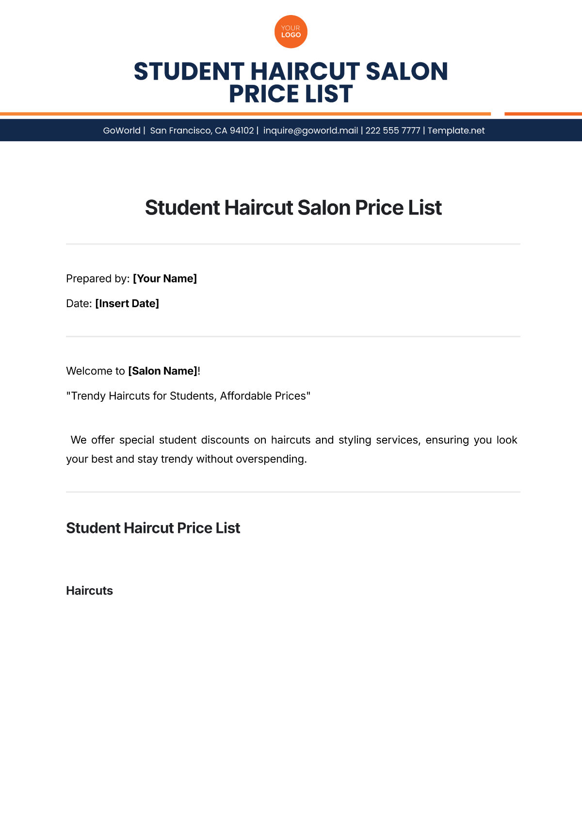 Student Haircut Salon Price List Template - Edit Online & Download