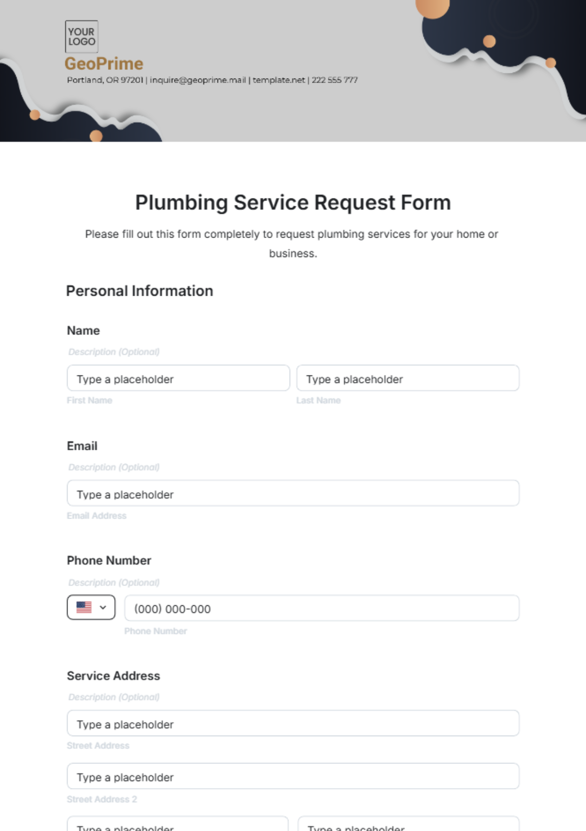 Plumbing Service Request Form Template - Edit Online & Download