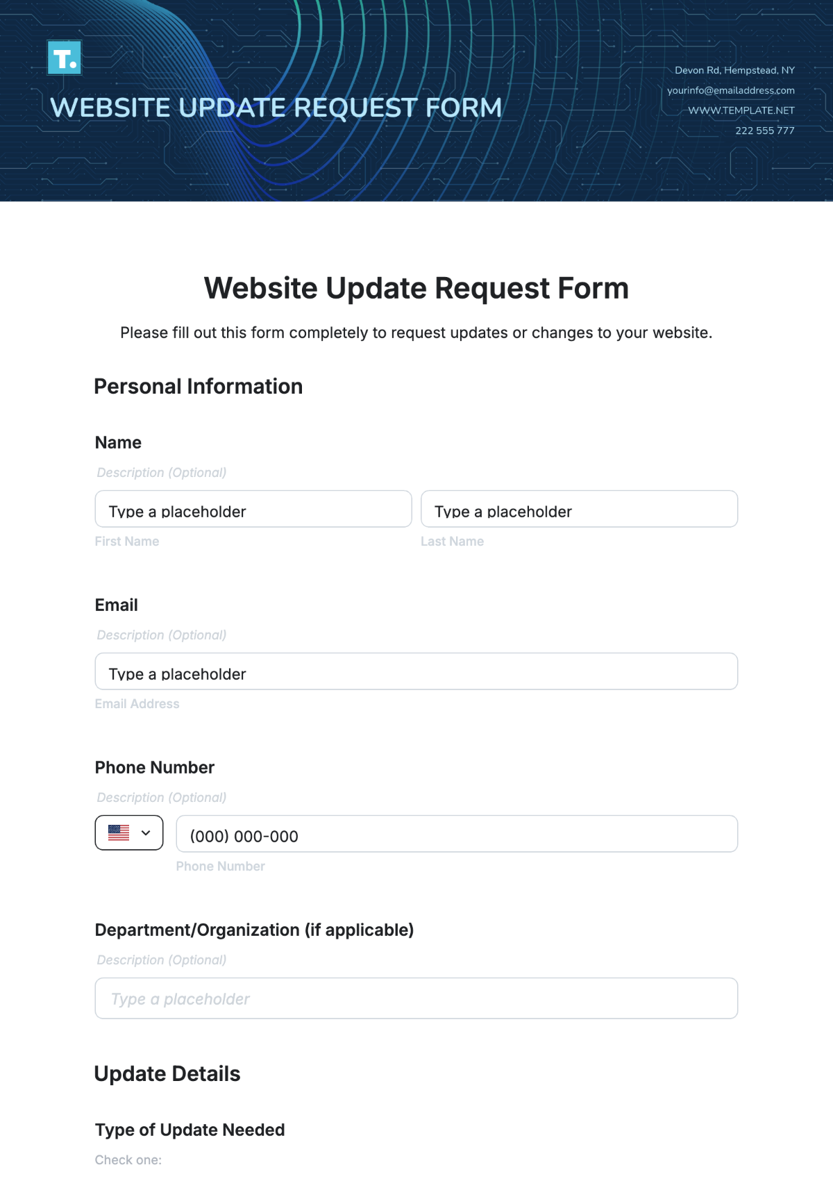 Website Update Request Form Template - Edit Online & Download