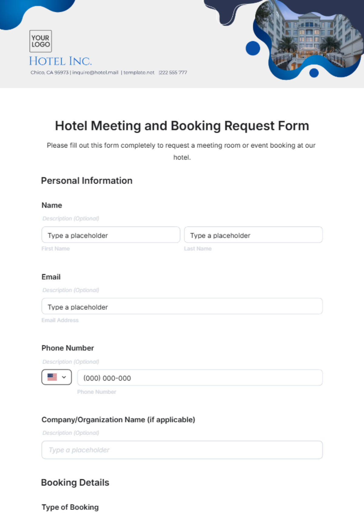 Hotel Meeting and Booking Request Form Template - Edit Online & Download