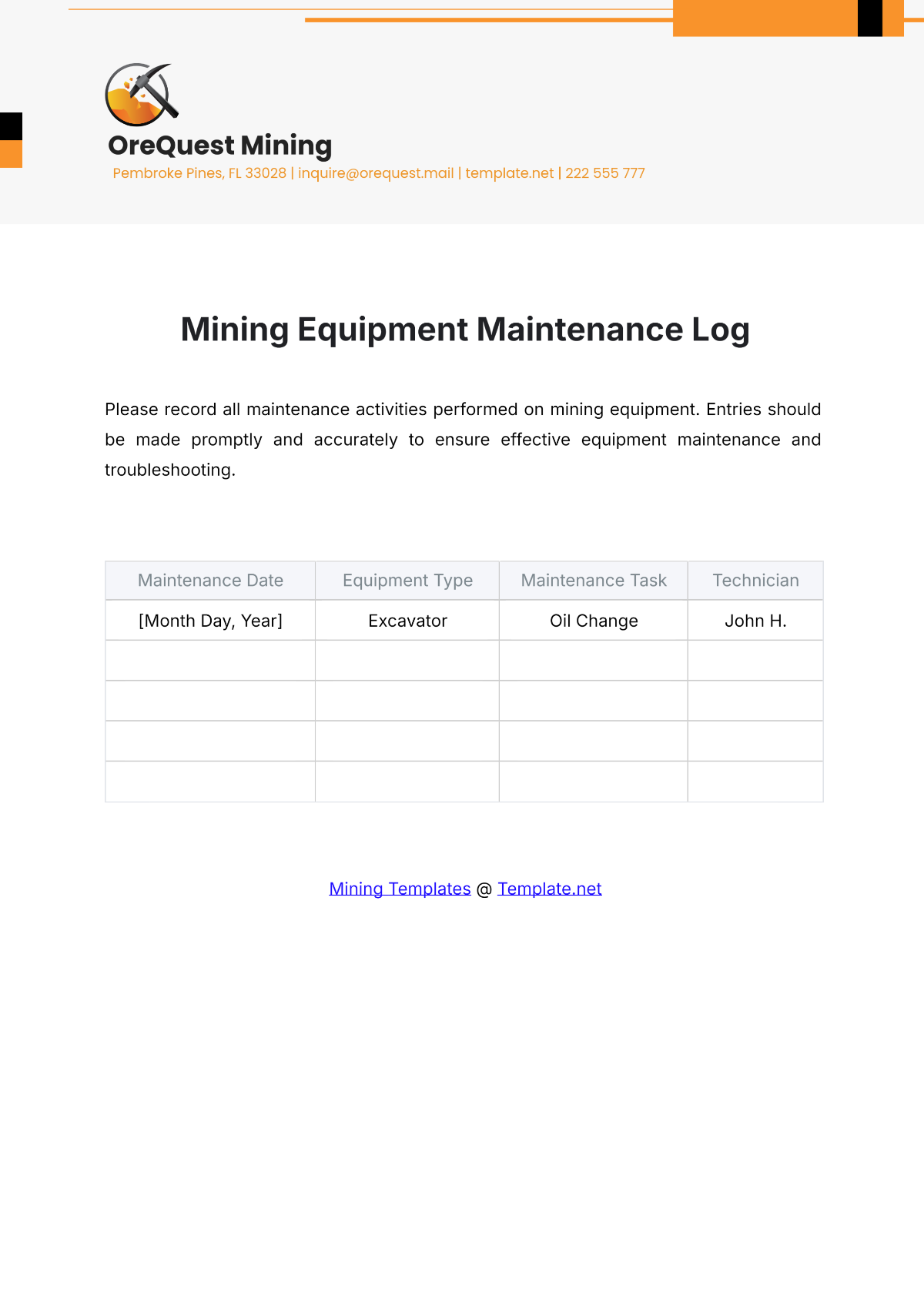 Mining Equipment Maintenance Log Template - Edit Online & Download