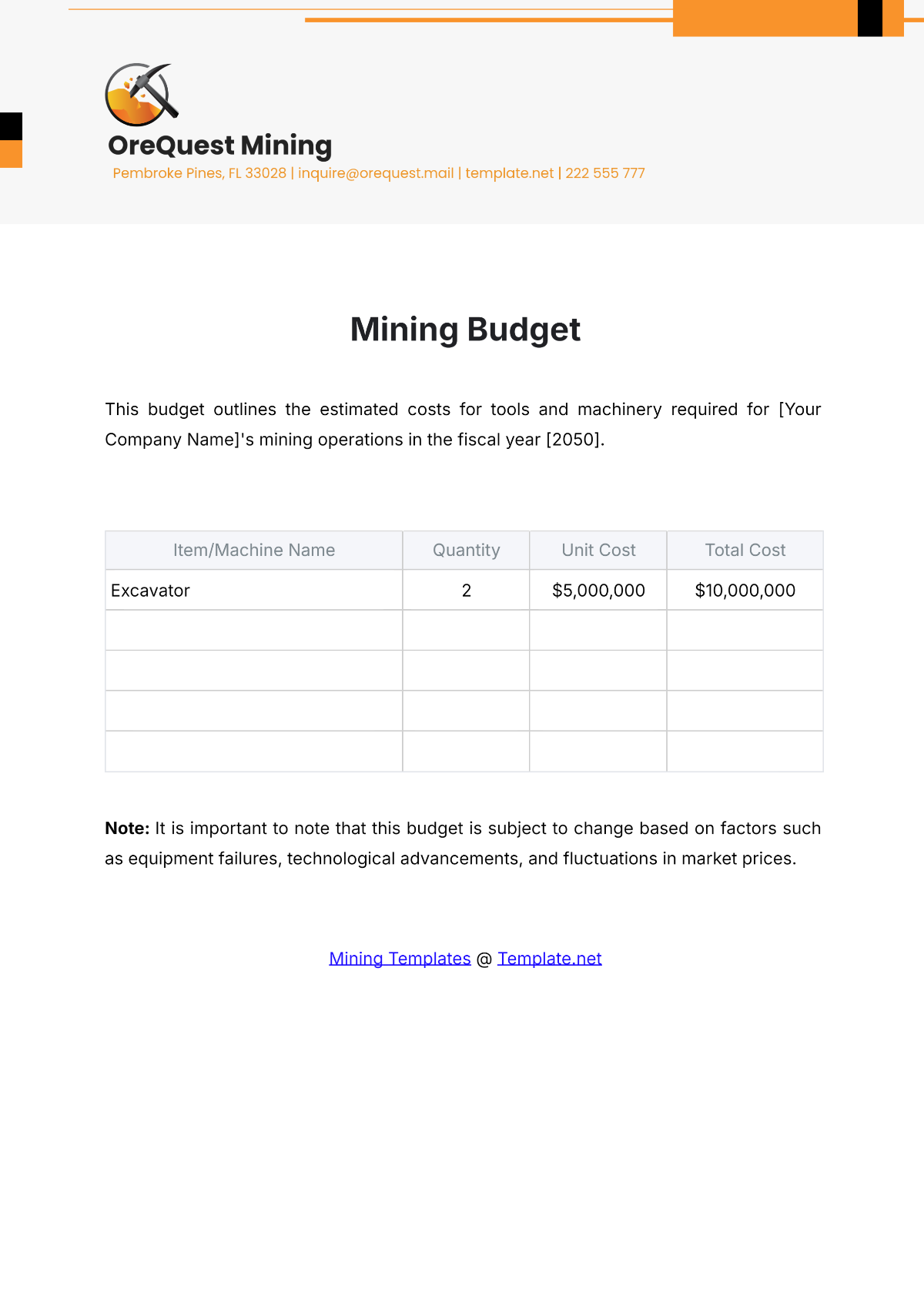 Mining Budget Template - Edit Online & Download