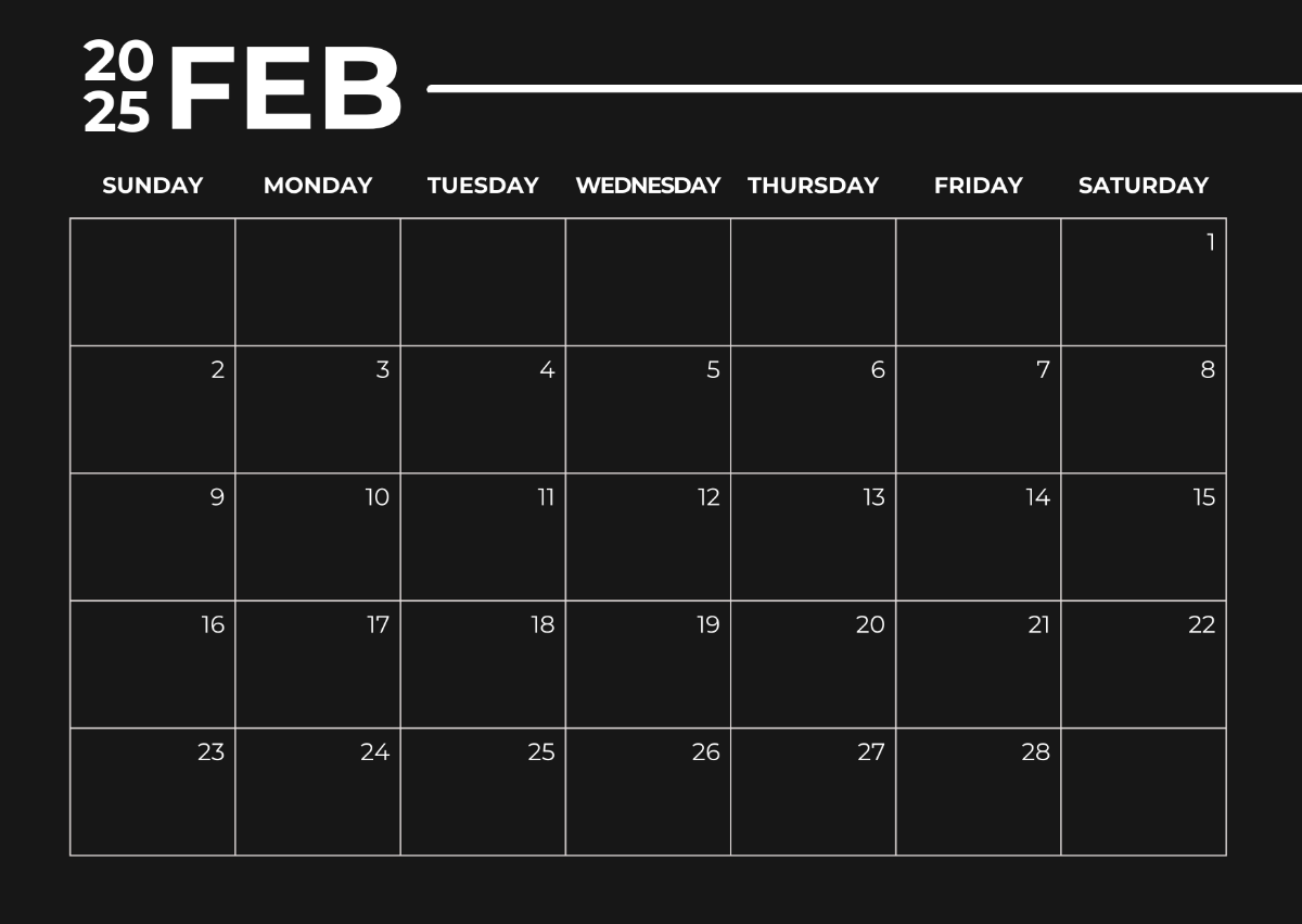 Black February 2025 Calendar Template - Edit Online & Download