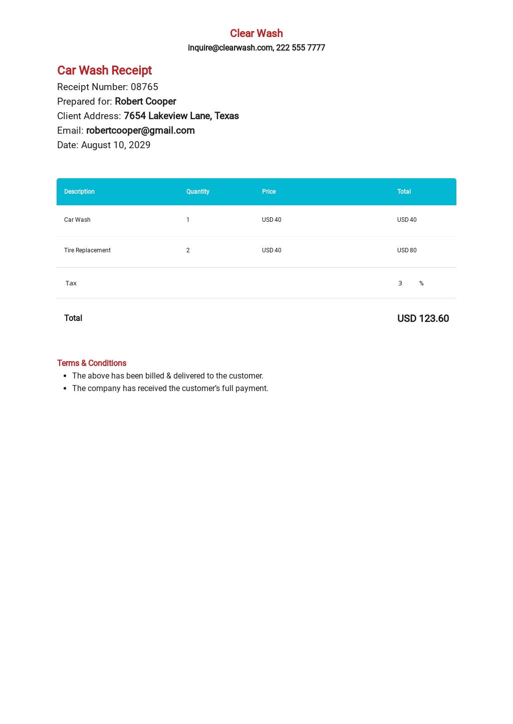 Car Wash Receipt Template [Free PDF] Word Excel Google Docs