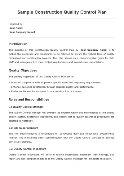 Free Sample Construction Quality Control Plan Template to Edit Online