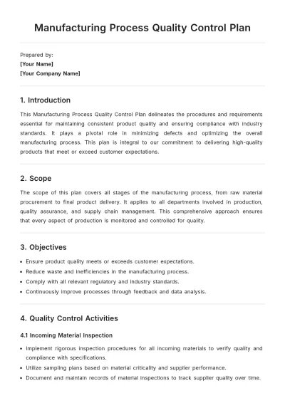 Free Manufacturing Process Quality Control Plan Template to Edit Online