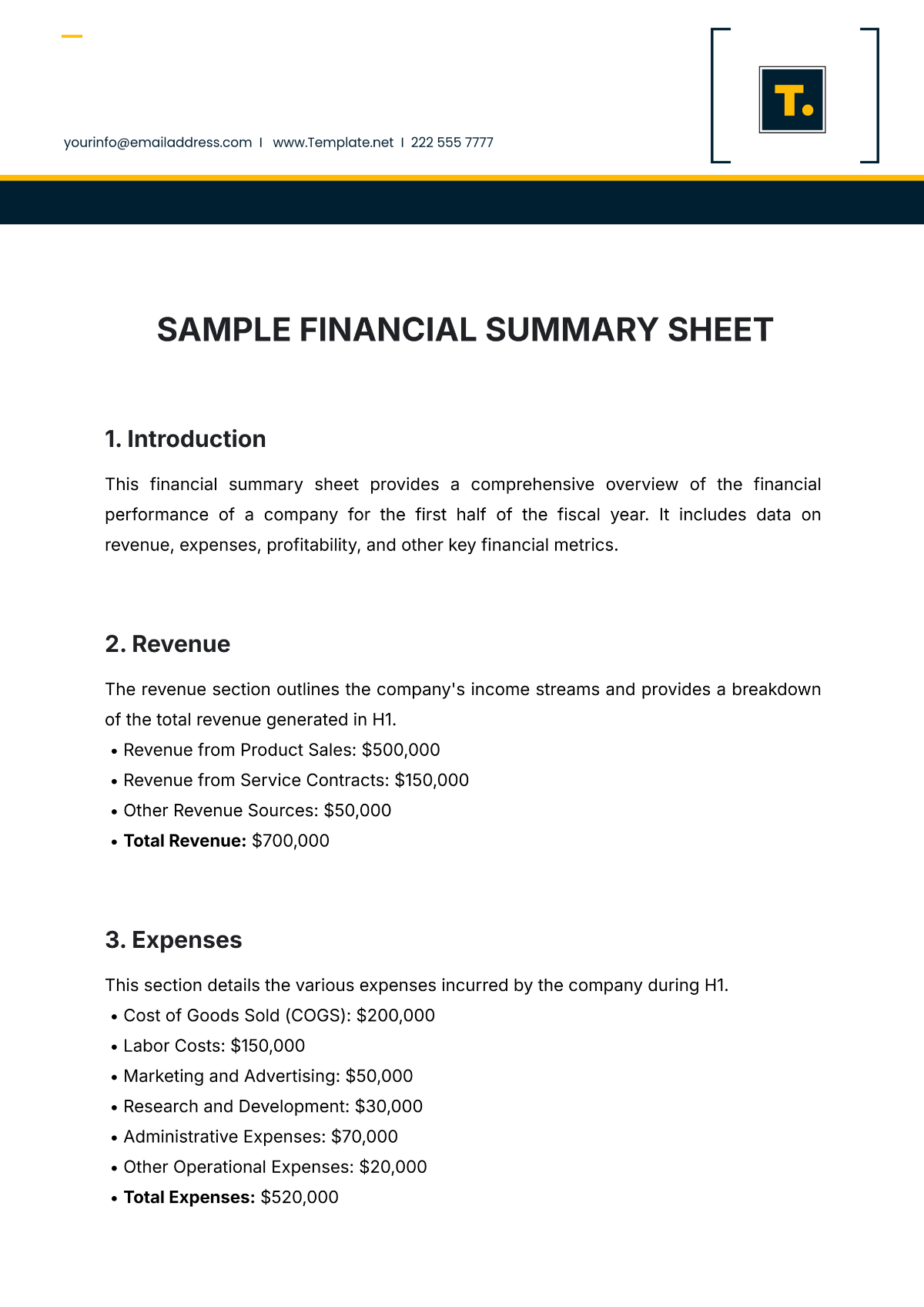 Sample Financial Summary Sheet Template - Edit Online & Download