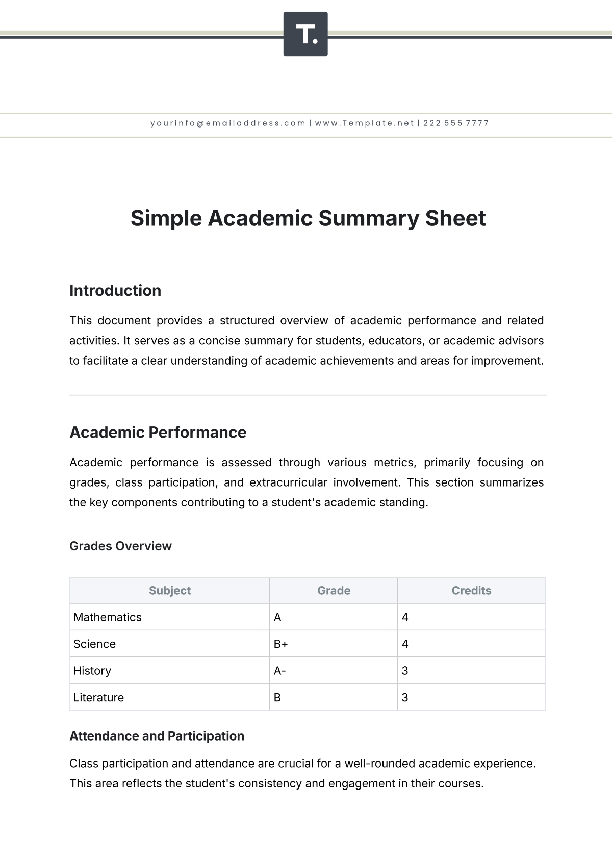 Simple Academic Summary Sheet Template - Edit Online & Download