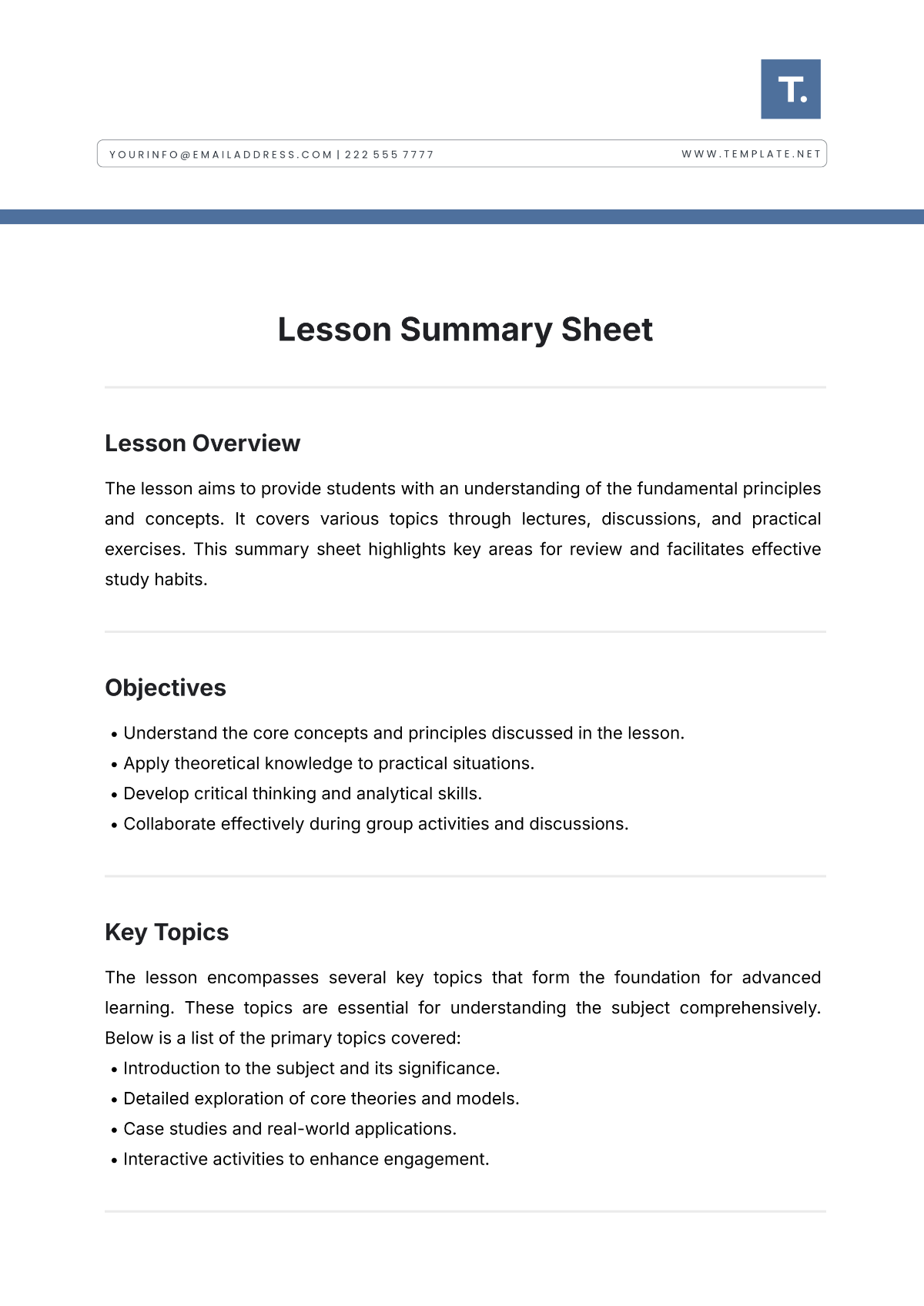 Lesson Summary Sheet Template - Edit Online & Download