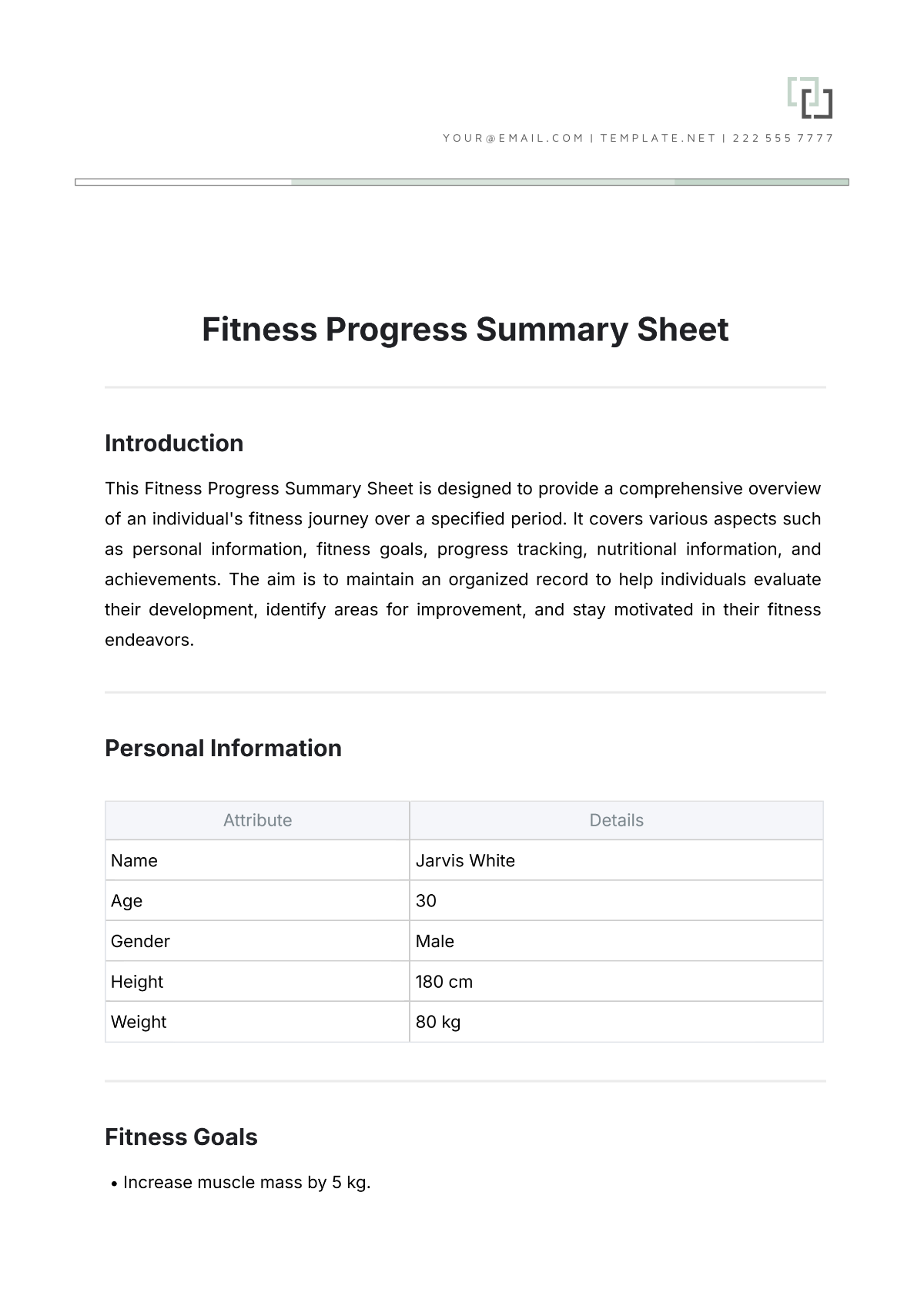 Fitness Progress Summary Sheet  Template - Edit Online & Download