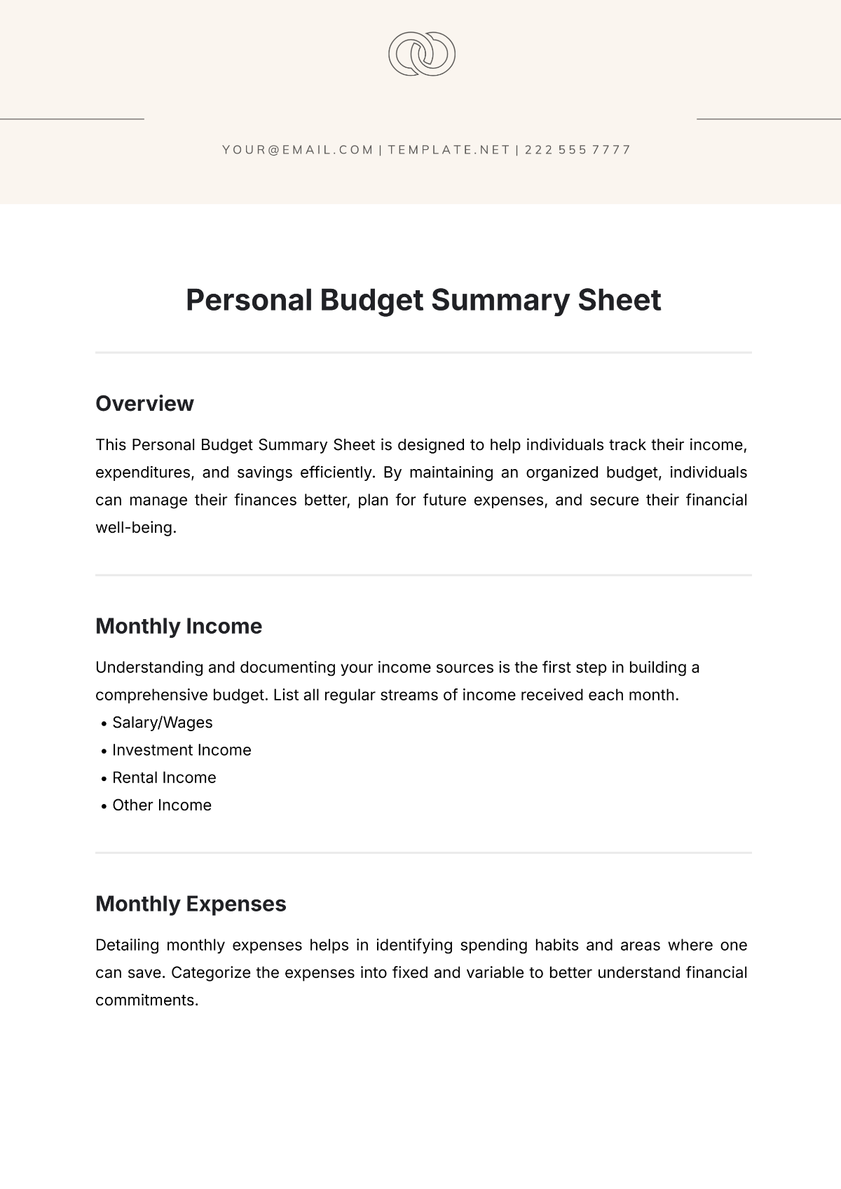 Personal Budget Summary Sheet  Template - Edit Online & Download