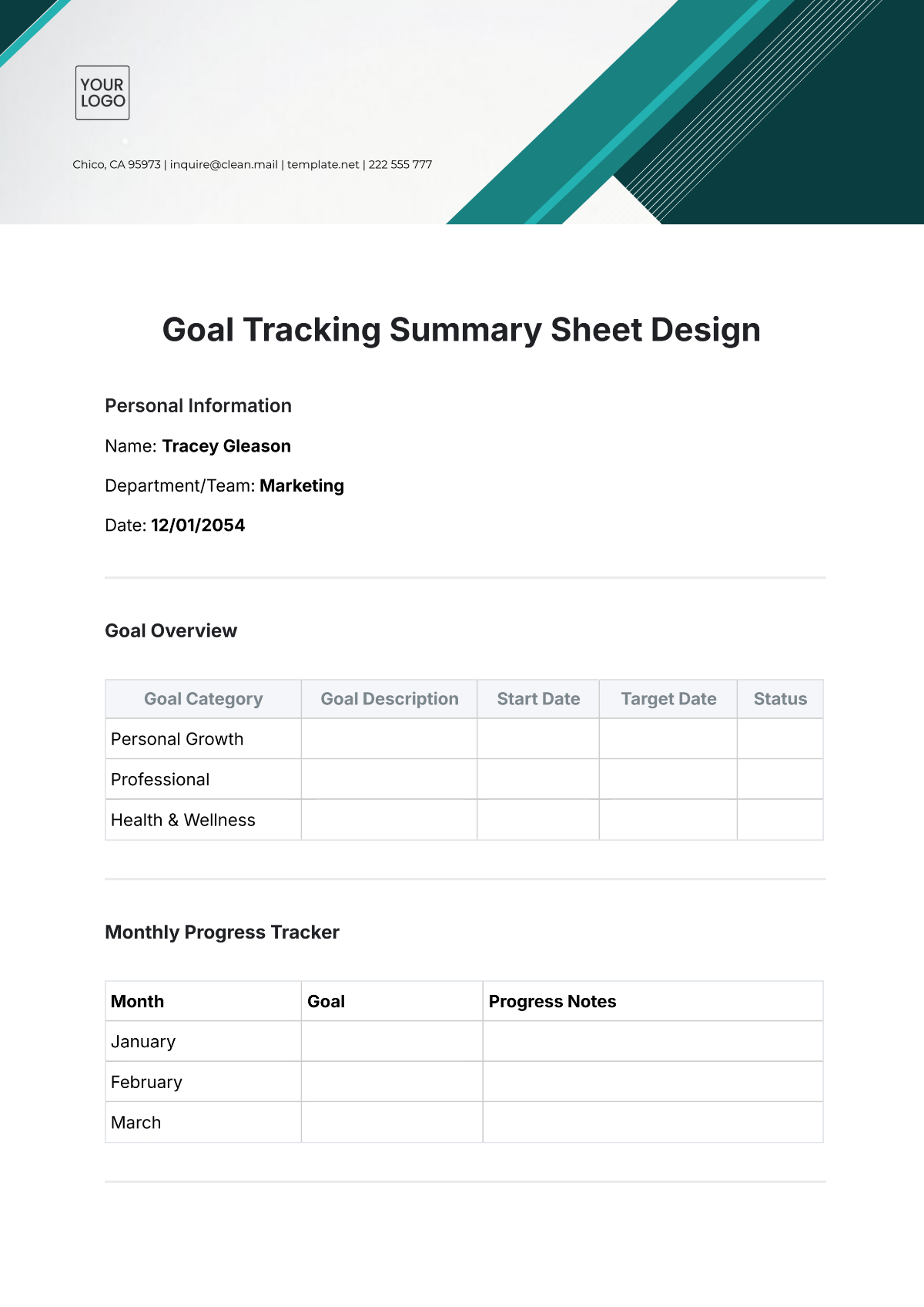 Goal Tracking Summary Sheet Design Template