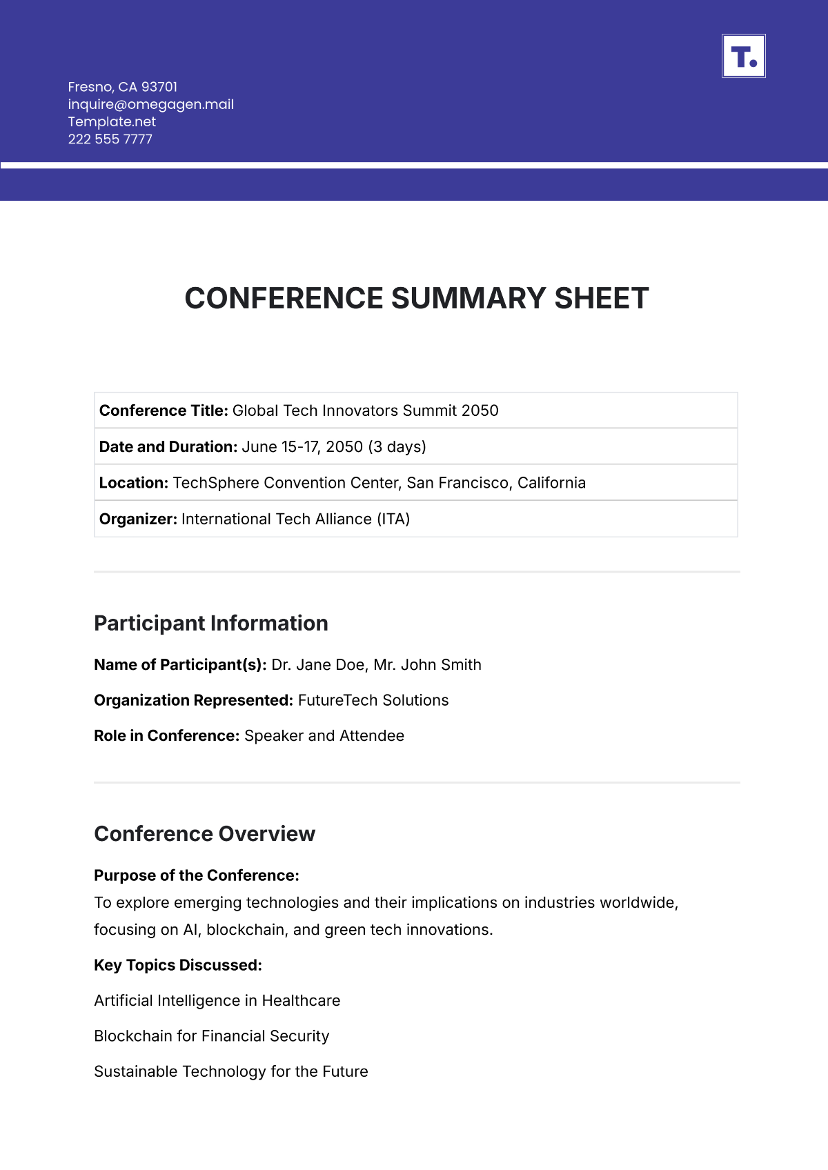 Conference Summary Sheet Template