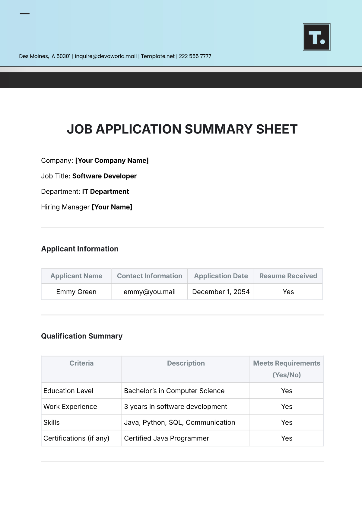 Job Application Summary Sheet Template