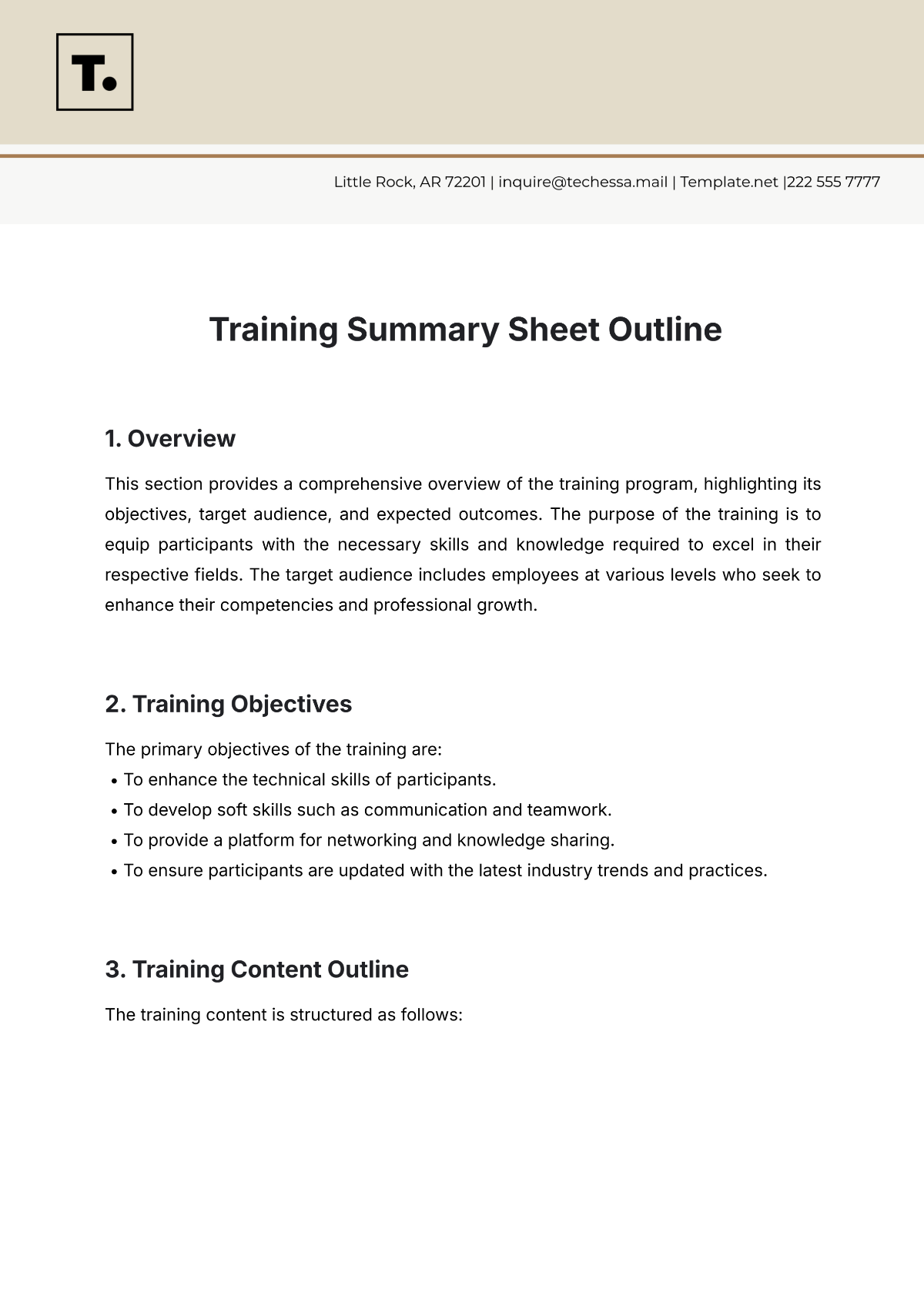 Training Summary Sheet Outline Template