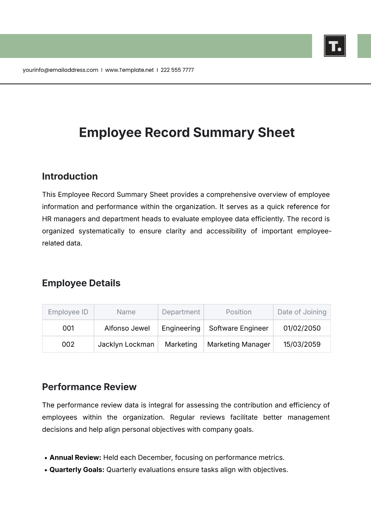 Employee Record Summary Sheet Template