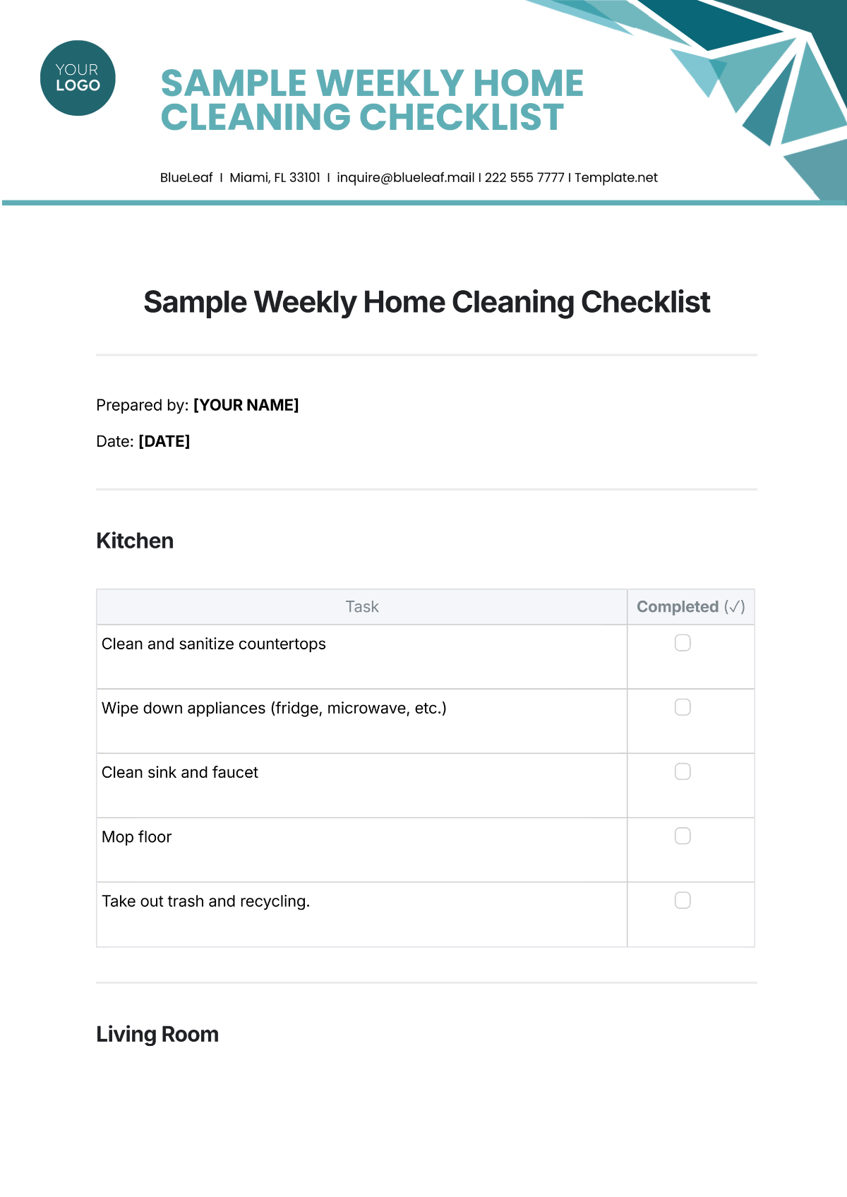 Sample Weekly Home Cleaning Checklist Template - Edit Online & Download