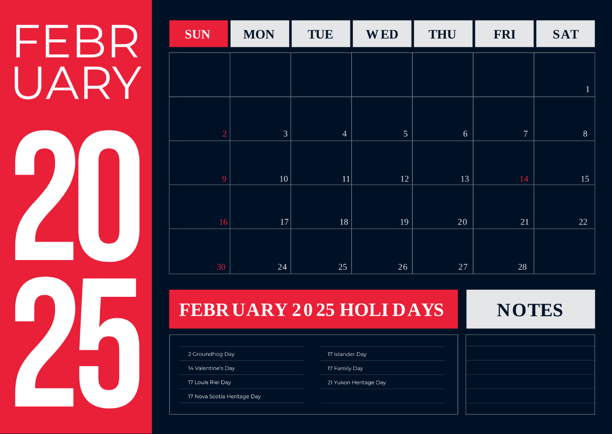 Free February 2025 Calendar with Canada Holidays Template - Edit Online & Download