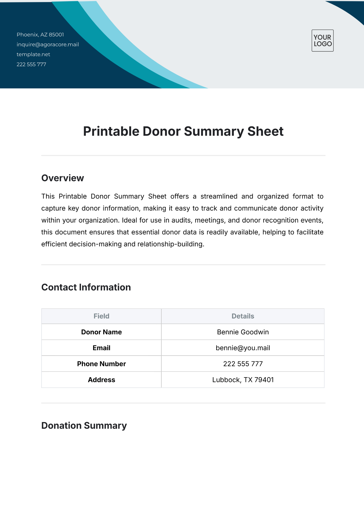 Printable Donor Summary Sheet Template - Edit Online & Download