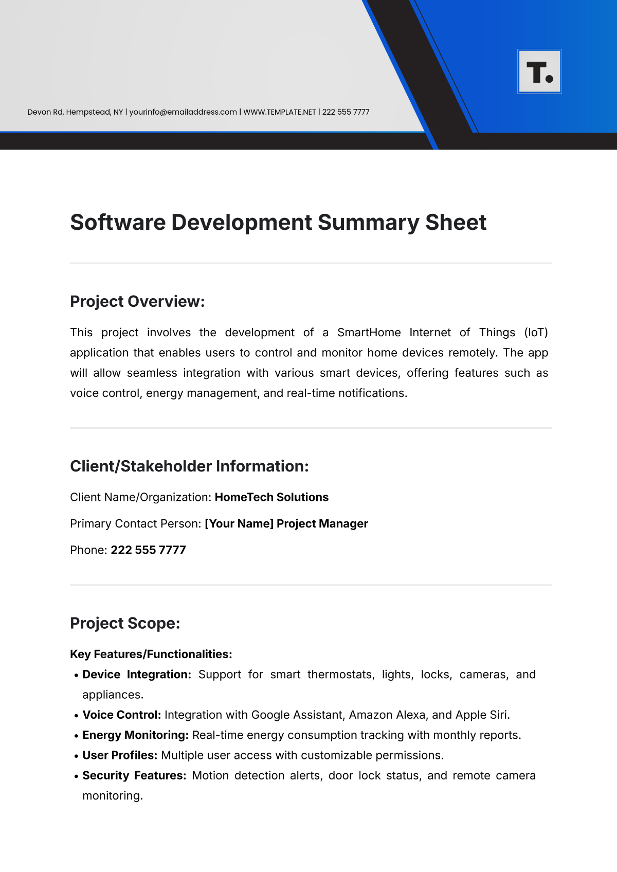 Software Development Summary Sheet Template - Edit Online & Download