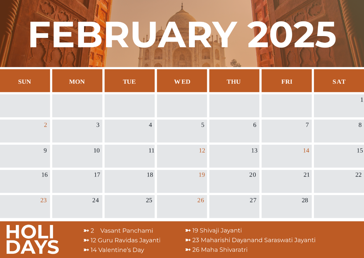 Free February 2025 Calendar with India Holidays Template - Edit Online & Download