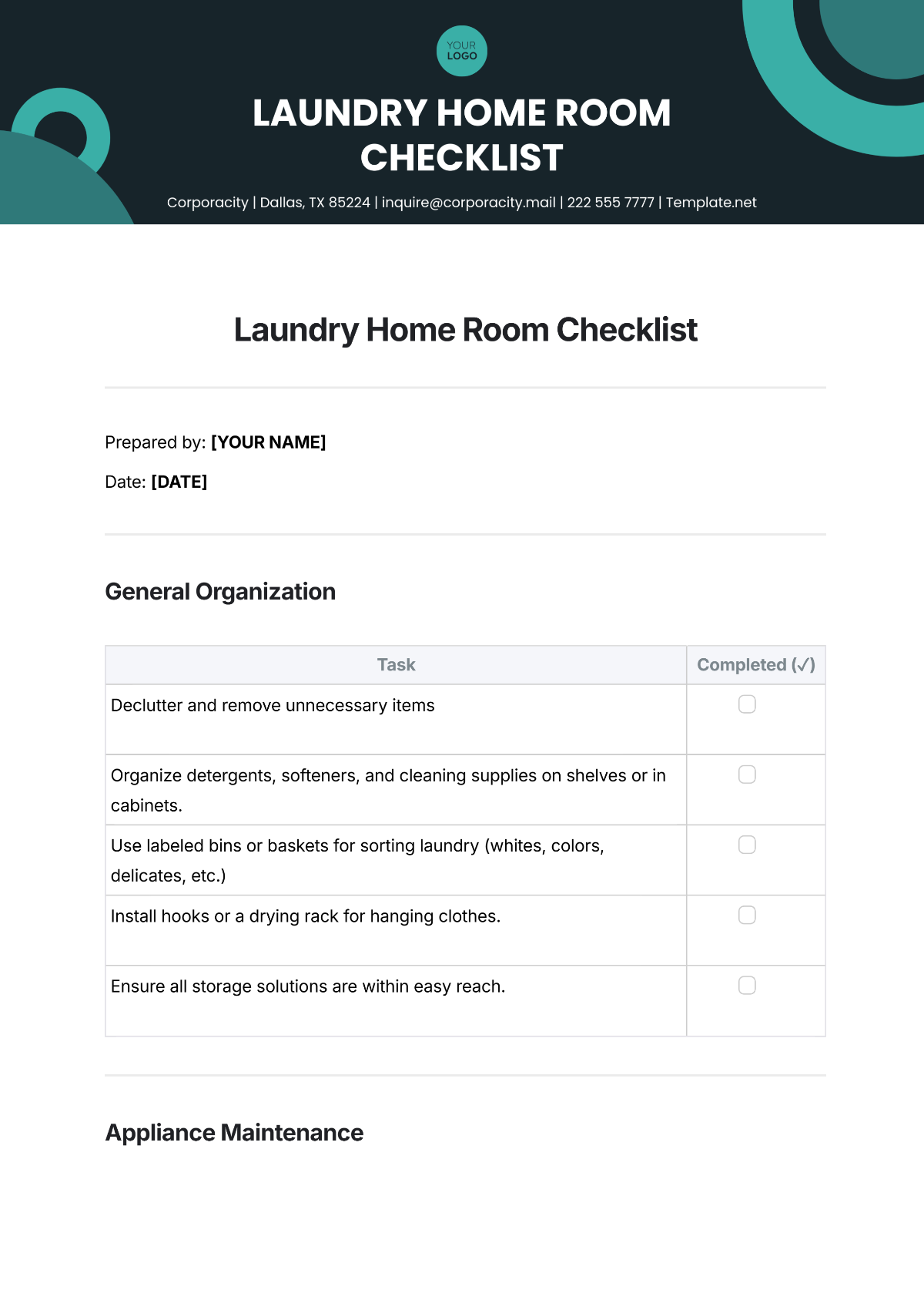 Laundry Home Room Checklist Template - Edit Online & Download