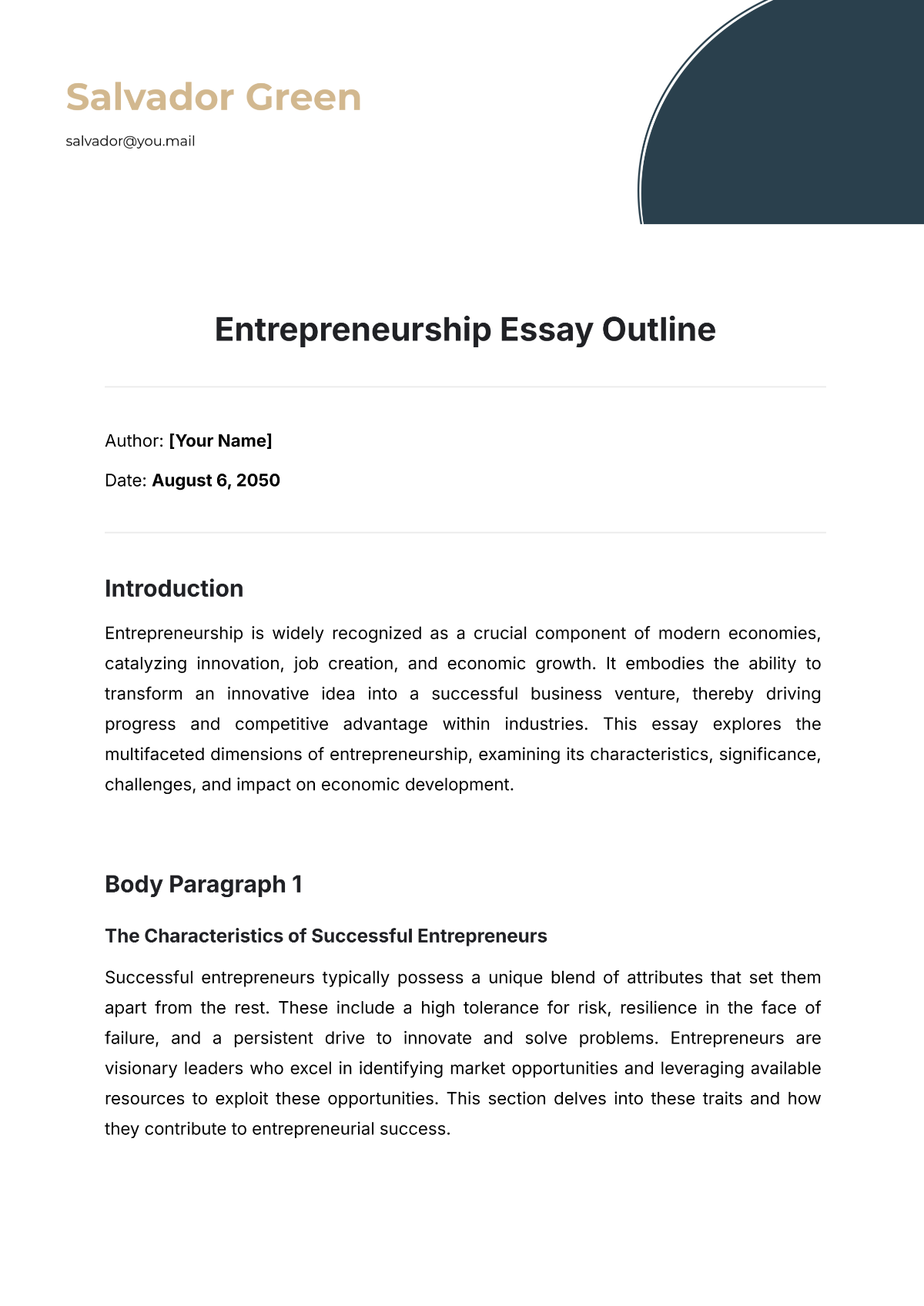 Entrepreneurship Essay Outline Template - Edit Online & Download