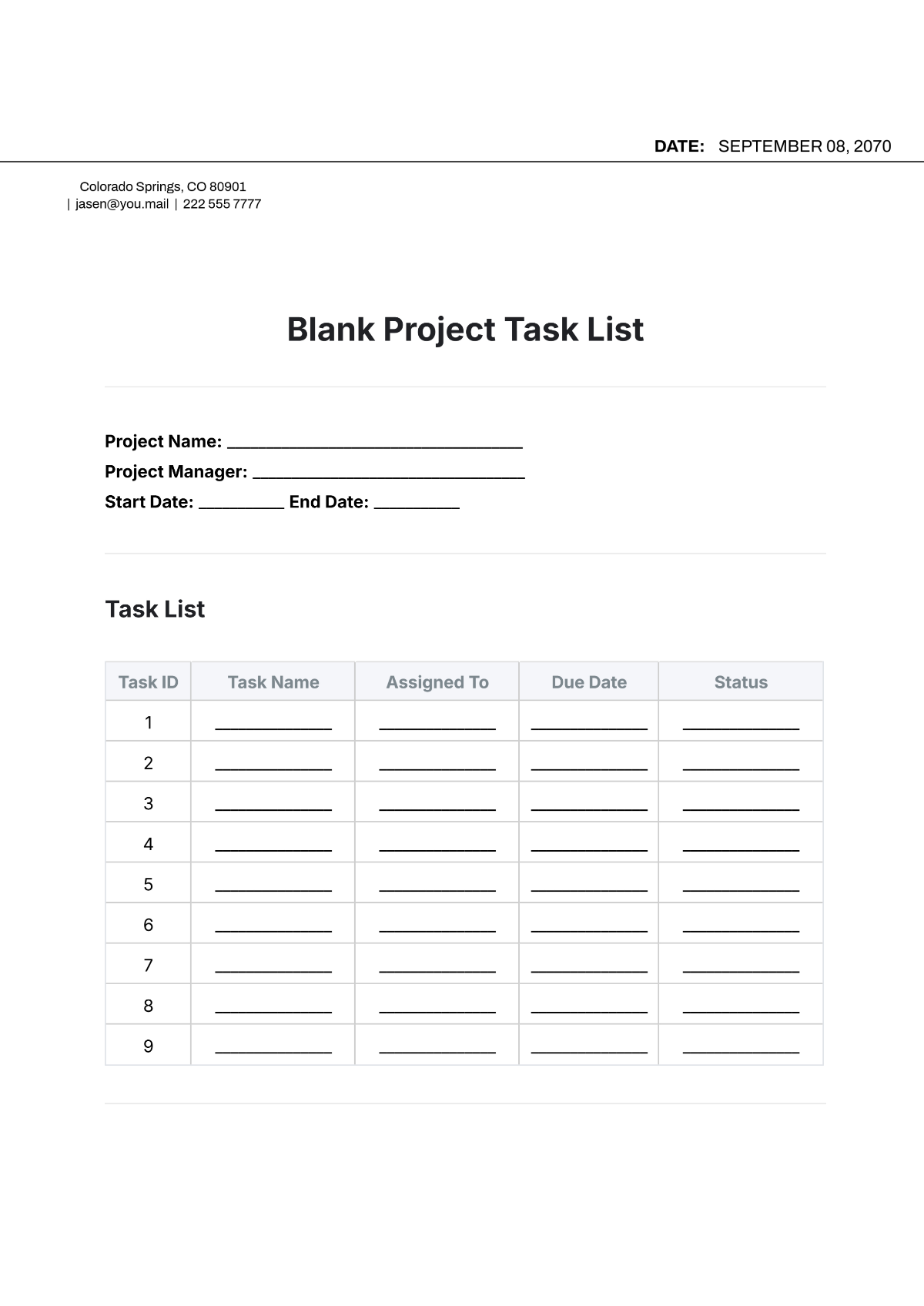 Blank Project Task List Template - Edit Online & Download