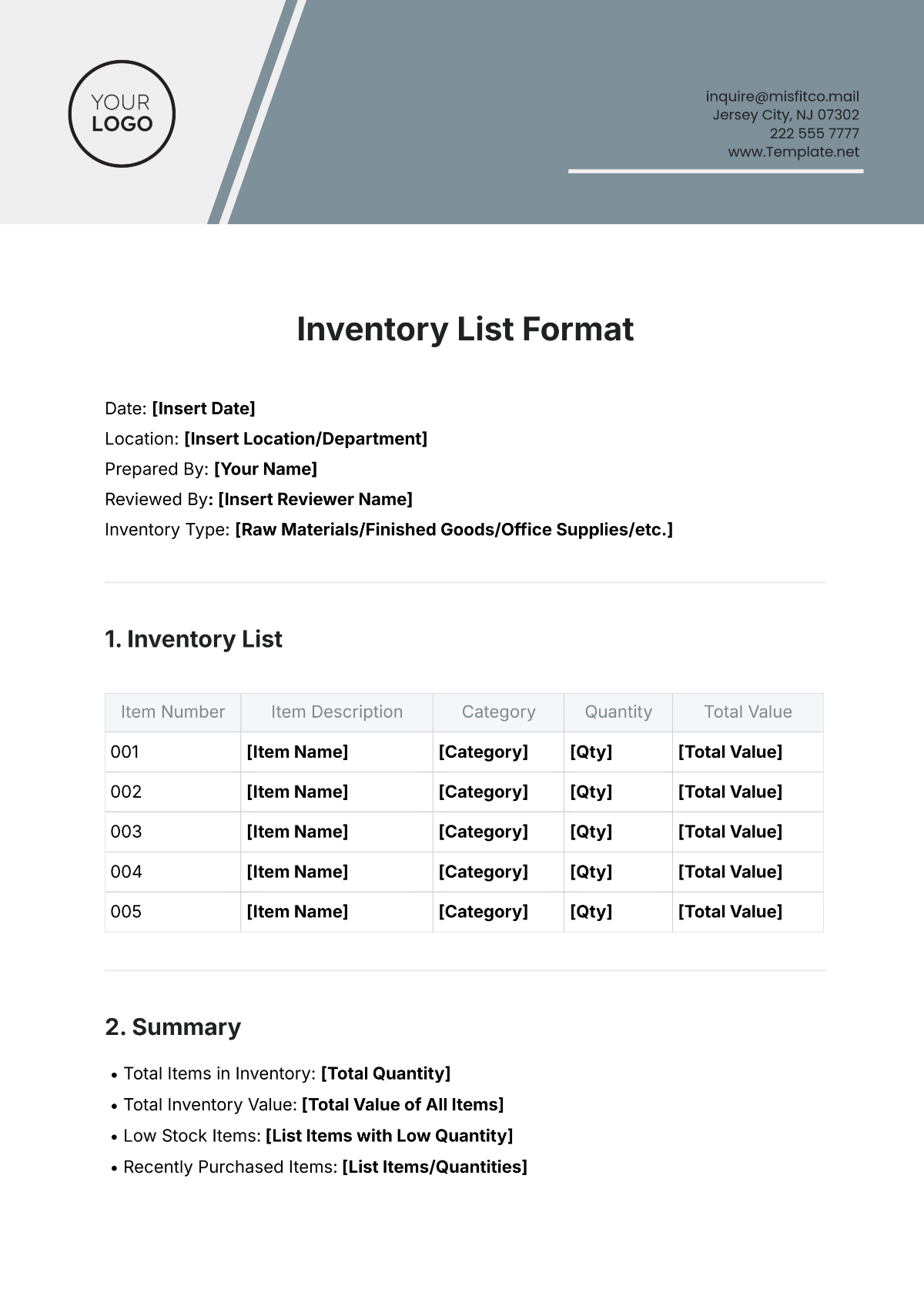 Inventory List Format Template