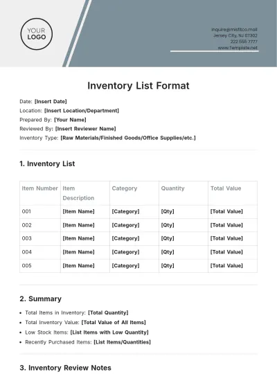 Free Inventory List Format Template to Edit Online